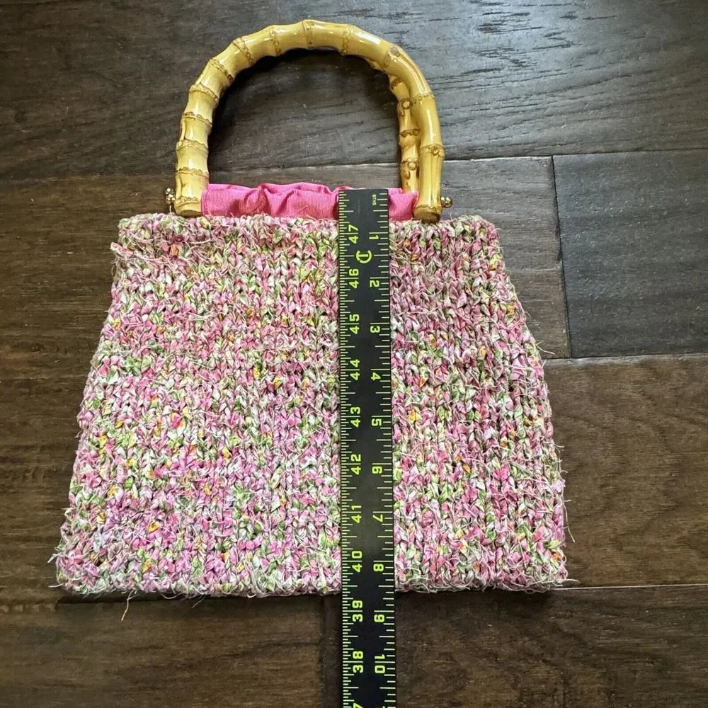 Retro‎ 60s Handbag Pink Green Crochet Woven Lined Purse Wood Handle Boho Mod
